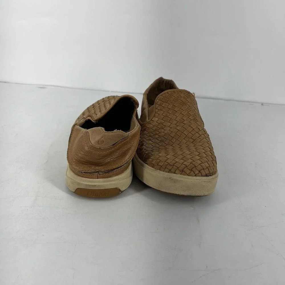 OluKai Lae'ahi Lauhala Mens 10 Woven Leather Slip On Sneakers Brown 10486-FXFX